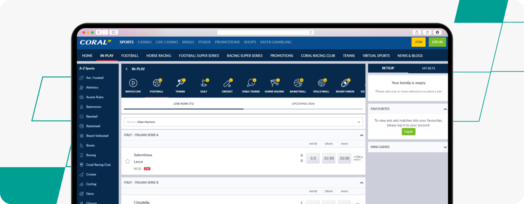 Screenshot of Coral Live Betting Page