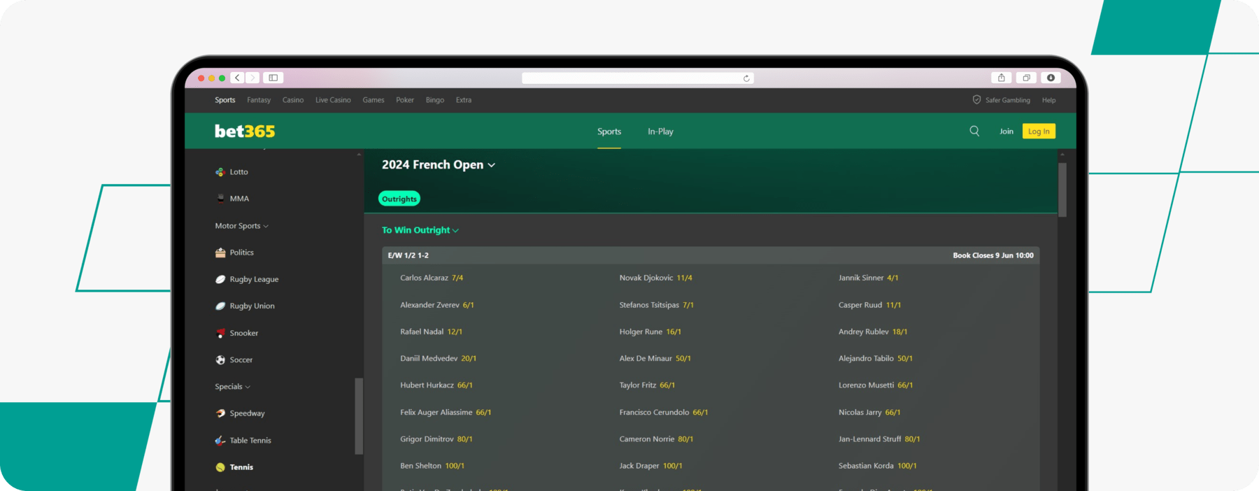 Screenshot of bet365 tennis french open betting desktop