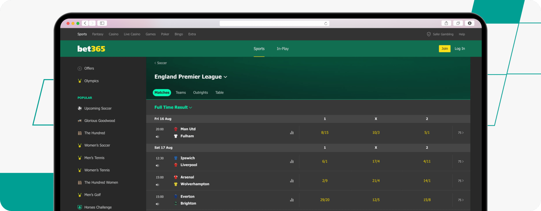 screenshot of bet365 premier league betting odds