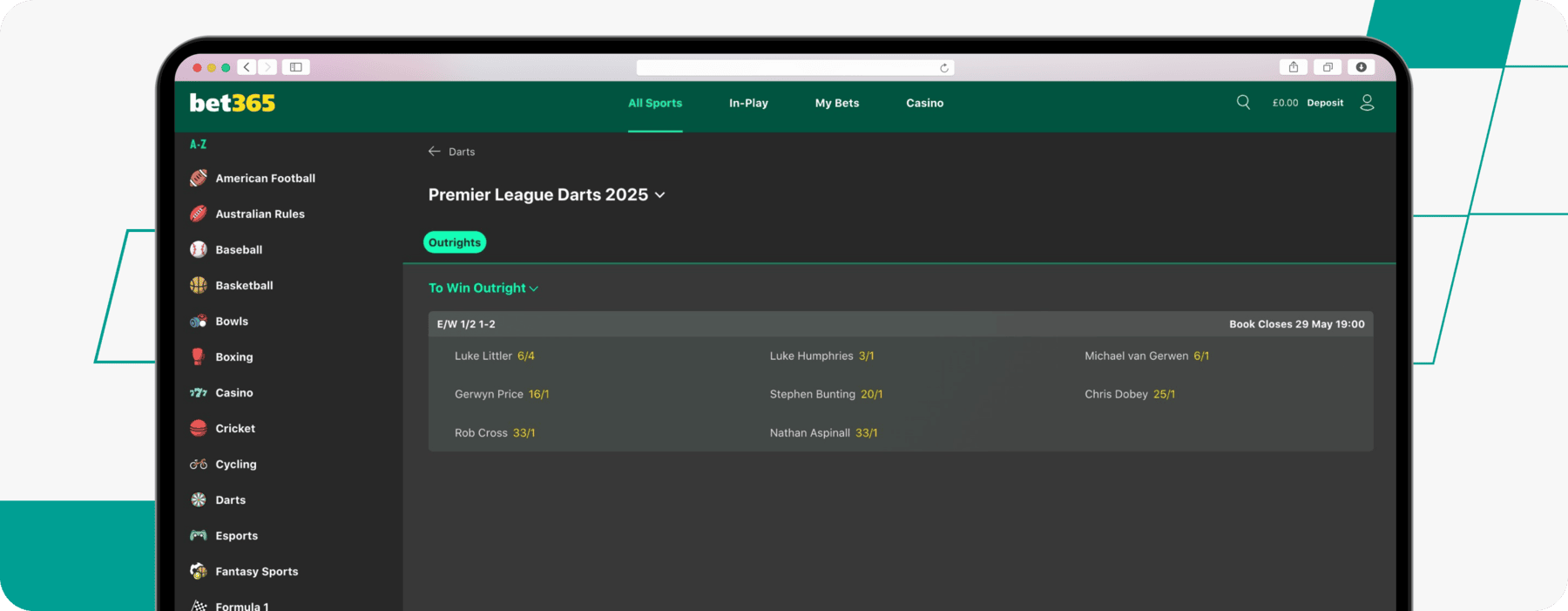 screenshot of bet365's premier league darts odds