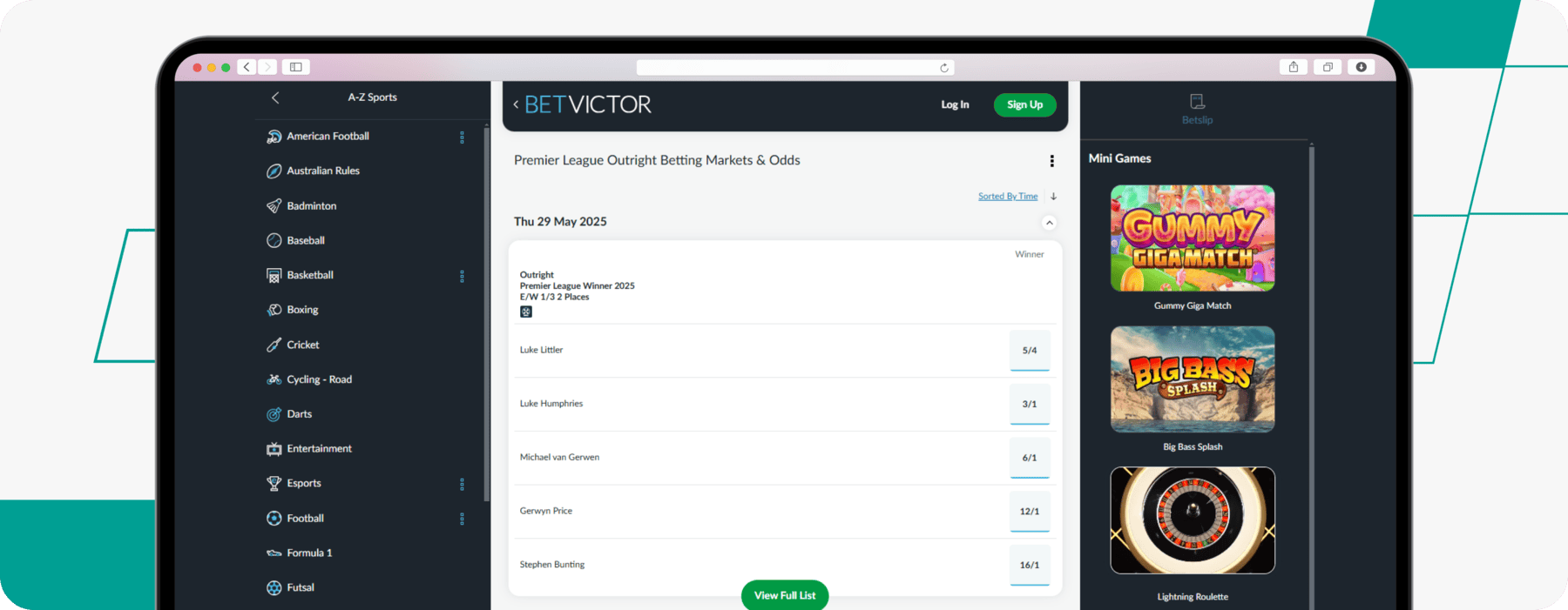 screenshot of betvictor's premier league darts odds