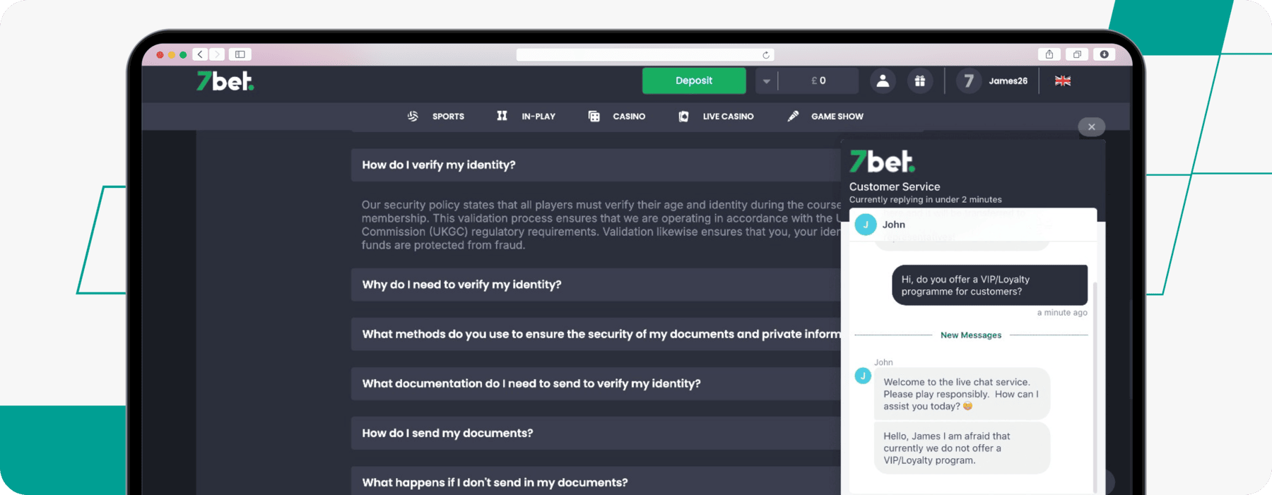 screenshot of 7bet customer service live chat