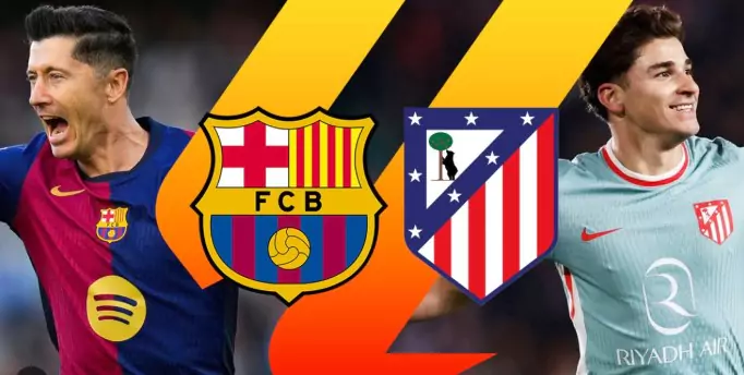 barcelona vs atletico madrid a 2 logo and players of football team